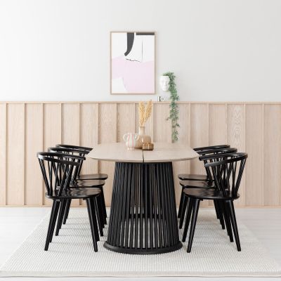 Veke Suoma-Carmen saarni 6-hengen ovaali ruokailuryhmä valkolakattu/musta/musta