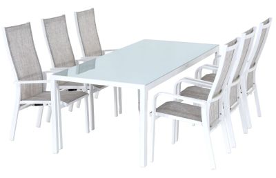 Hillerstorp Hånger 6-hengen ruokailuryhmä lasikannella, säätötuoleilla valk/har | Alk. 1 883,00 €