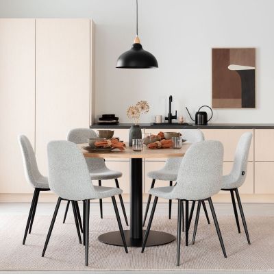 Veke Trend-Furia 6-hengen pyöreä ruokailuryhmä valkotammi/musta, vaalea beige buklee | Alk. 1 313,00 €