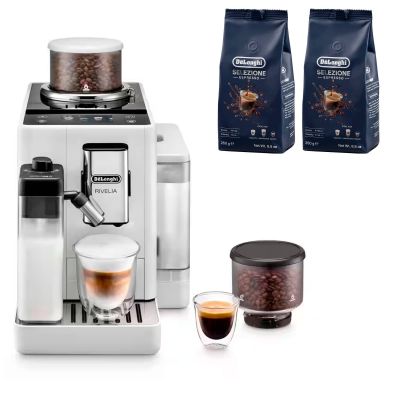Delonghi Rivelia Helautomatisk kaffemaskin, vit & 2 st kaffebönor DLSC600 | Alk. 1 015,00 €