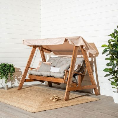 Veke Saaristo pihakeinu Lux pehmusteilla ja katoksella ruskea/hiekka, kuvausmalli