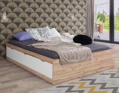 Veke Borg sängynrunko 160x200 cm säilytyslaatikoilla tammi/valkoinen (ilman sälepohj)