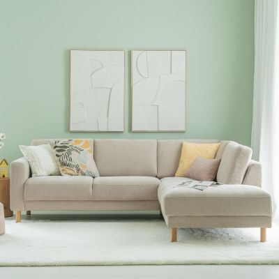 Veke Joki avokulmasohva oikea beige Storm 6, tammijalat, kuvausmalli