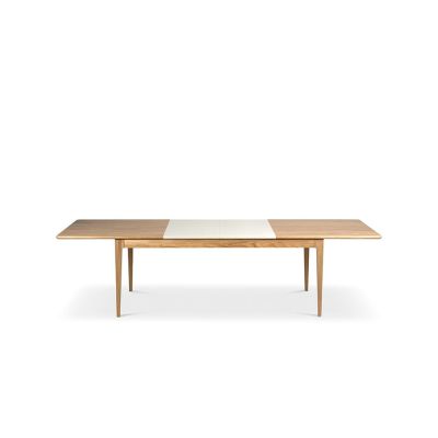 Mavis Höllviken ruokapöytä tammi valkoinen pigmenttilakka mattapintainen, 2 jatkolevyä, beige MDF á 50 cm