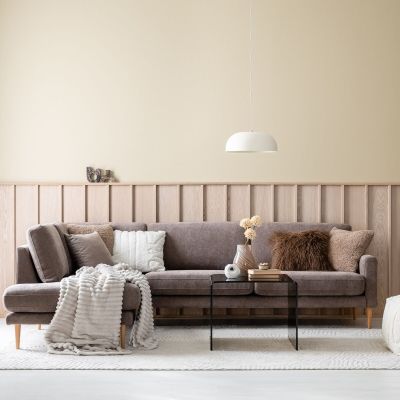 Veke Kotoa avokulmasohva vasen, mocca 18 Storm, pyöreäkartio tammijalka