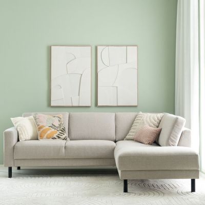 Veke Joki avokulmasohva oikea hiekka Hygge 10, mustat jalat, kuvausmalli