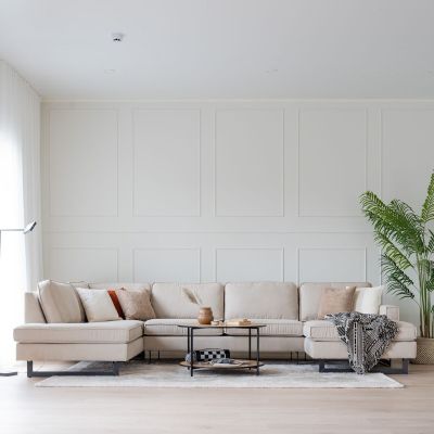 Veke Macho U-kulmasohva vasen Hiekka Soro 21, mustat jalat, asiakaspalautus