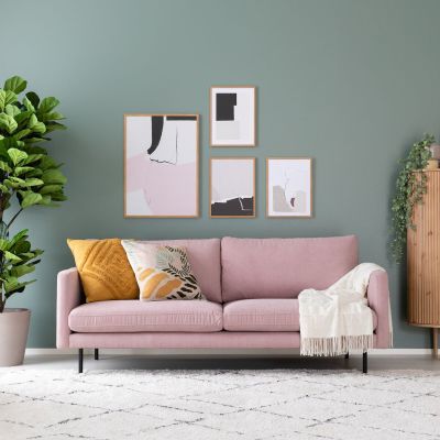 Veke Scandic Copenhagen 3-istuttava sohva roosa Soro 61, mustat jalat, asiakaspalautu