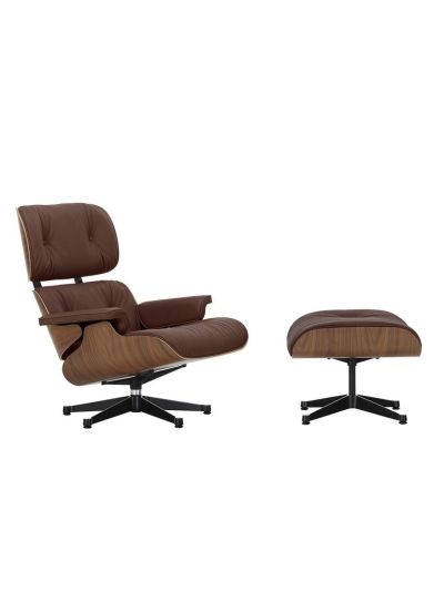 Vitra Eames lounge -nojatuoli ja rahi premium-nahka 69 marron / pähkinä
