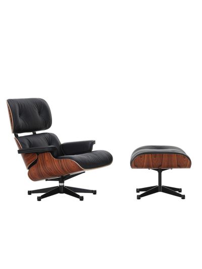 Vitra Eames lounge -nojatuoli ja rahi premium-nahka 66 musta / palisanteri