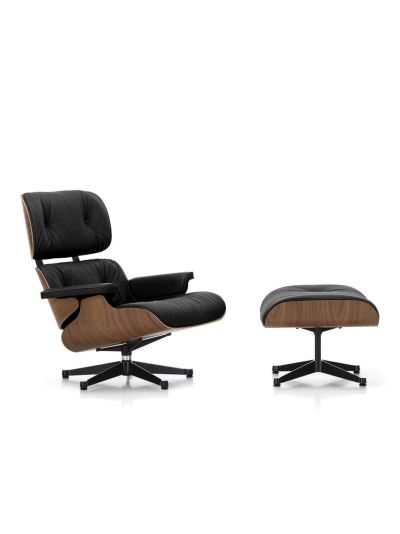 Vitra Eames lounge -nojatuoli ja rahi premium-nahka 66 nero / pähkinä