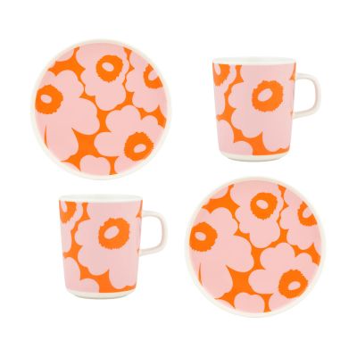 Marimekko Unikko aamiaissetti Valkoinen-vaaleanpunainen-oranssi, 4 osaa