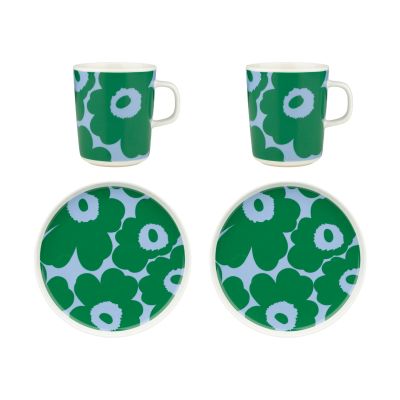 Marimekko Unikko aamiaissetti Valkoinen-vihreä-vaaleansininen, 4 osaa