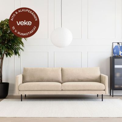 Veke Scandic Copenhagen 3,5-istuttava sohva hiekka Soro 21, mustat jalat, asiakaspala