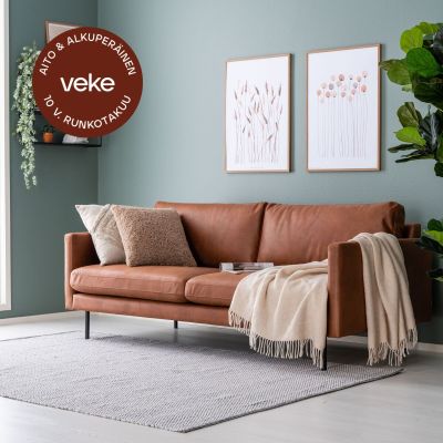 Veke Scandic Copenhagen 3-istuttava sohva ja rahi konjakinruskea Kentucky 9, mustat j