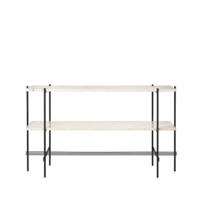GUBI TS Console pöytä 120x30x72 cm Natural white travertine, musta runko, 2 marmorihyllyä | Alk. 1 799,00 €