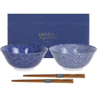 Tokyo Design Studio Nippon Blue kulhosetti + syömäpuikot, pisteitä/viivoja | Alk. 35,00 €